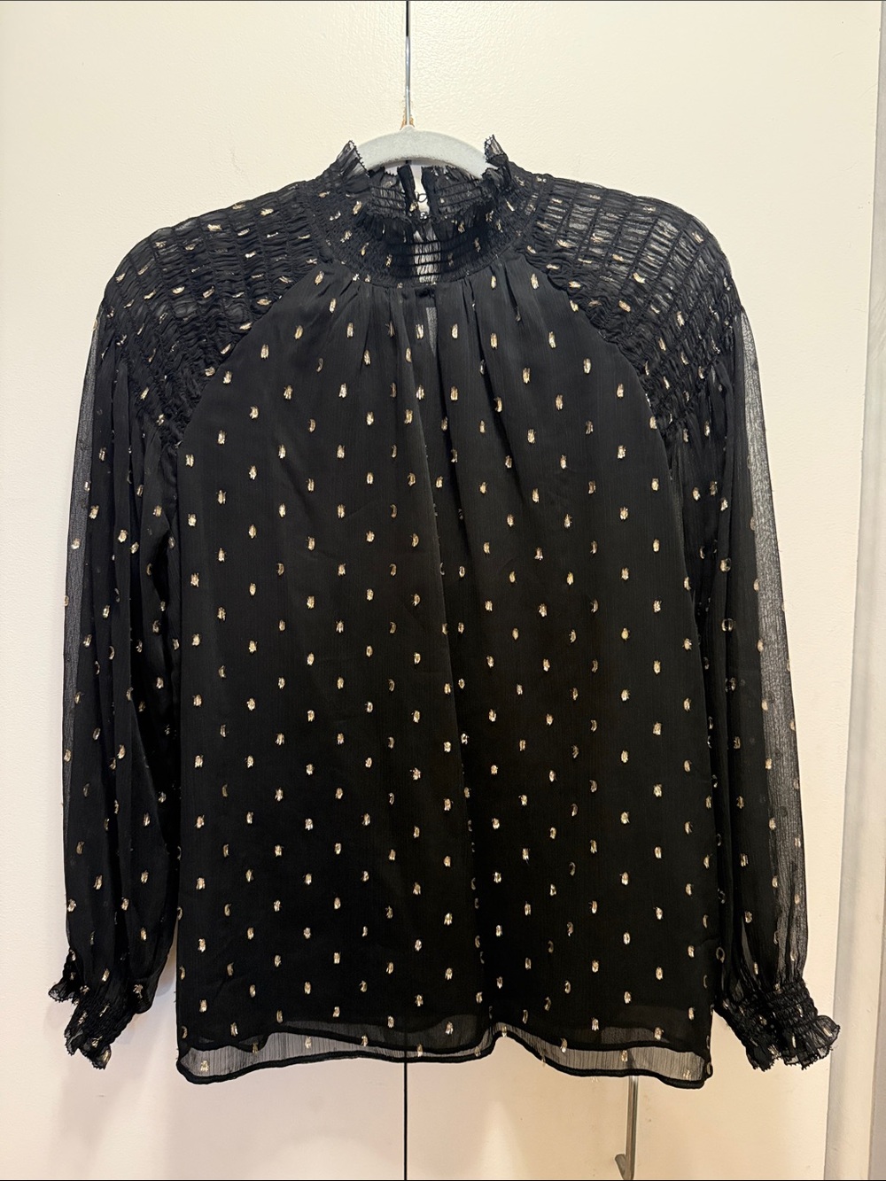 Ann Taylor Black Blouse with Gold Dot Pattern